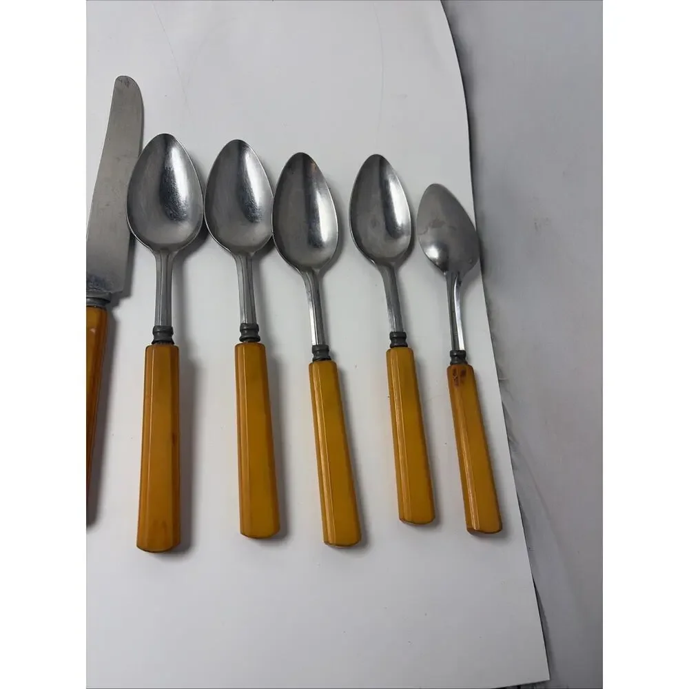 Vintage Butterscotch Bakelite Stainless Flatware 6 Teaspoon, 4 Knives,5 Spoons